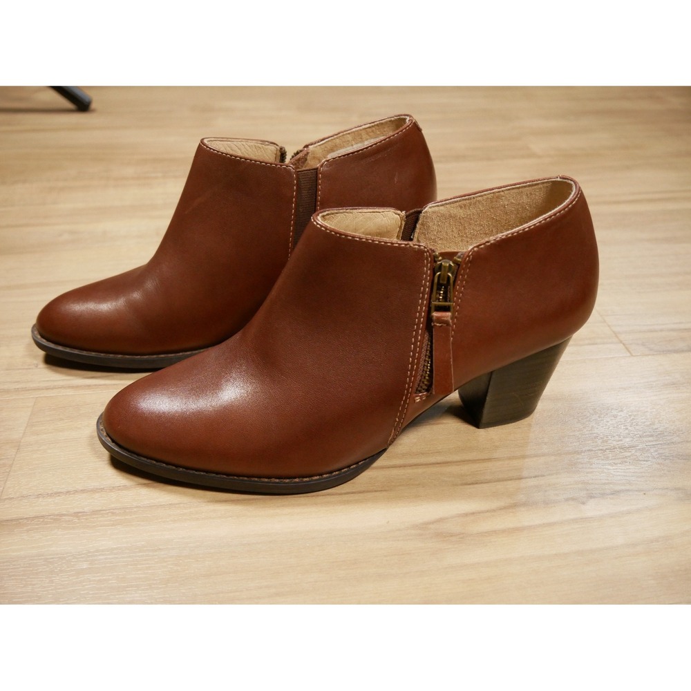 Vionic Taber Tan Brown Leather Ankle Boots Orthaheel Block Heel TVW4455 Womens 8